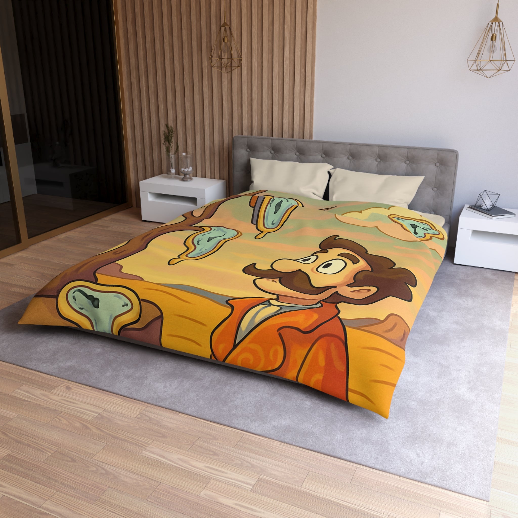 Housse de couette style surréaliste avec montres molles et paysage désertique vibrant