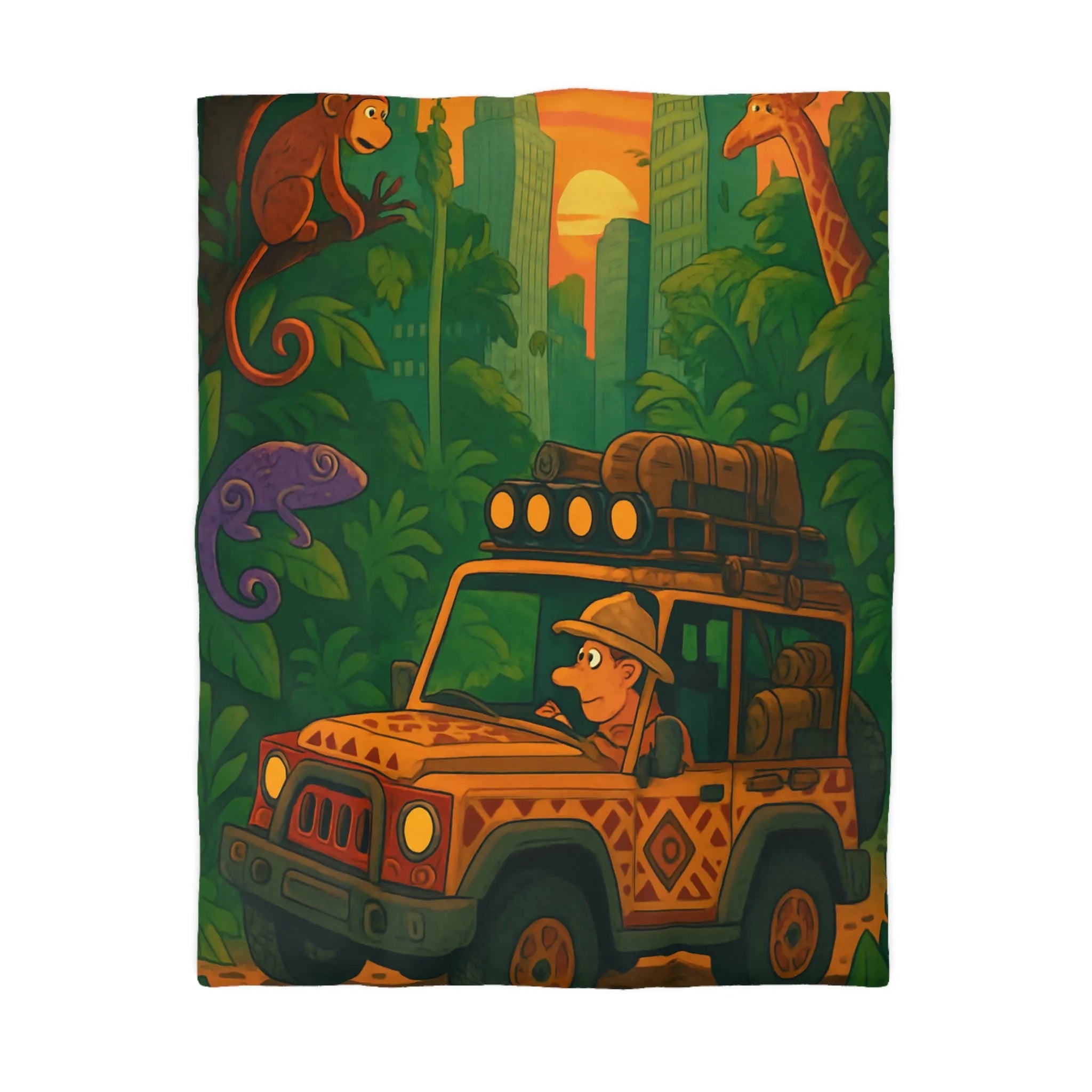 Housse de couette jungle aventure avec jeep, animaux exotiques et coucher de soleil vibrant