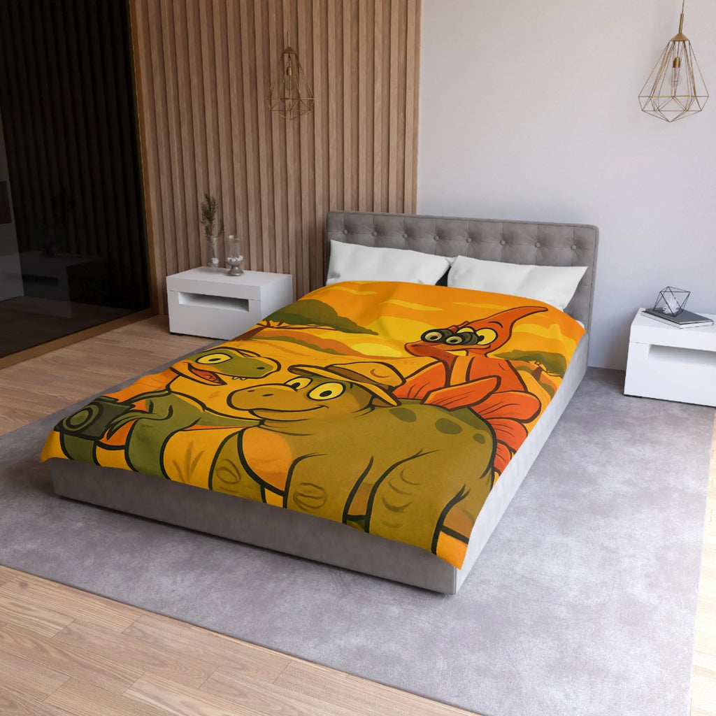Housse de couette enfant illustrée dinosaures amusants safari coucher de soleil savane jungle