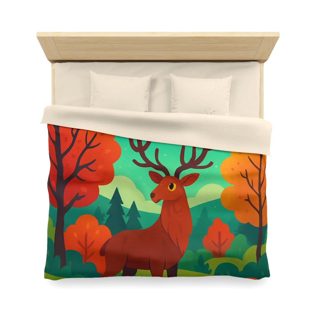 Housse de Couette Illustrée : Cerf Enchanté et Aurore Boréale dans Forêt Féérique