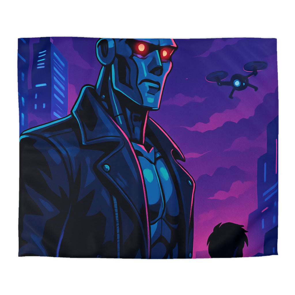 Housse de couette style néon avec robot futuriste et drones en ville de nuit