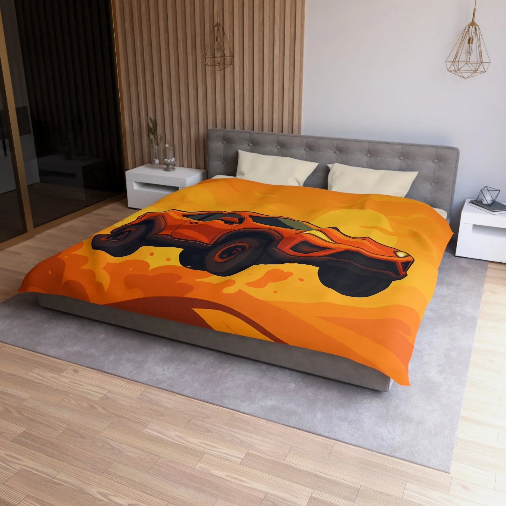 Housse de couette design voiture saut désert couleur orange coucher de soleil