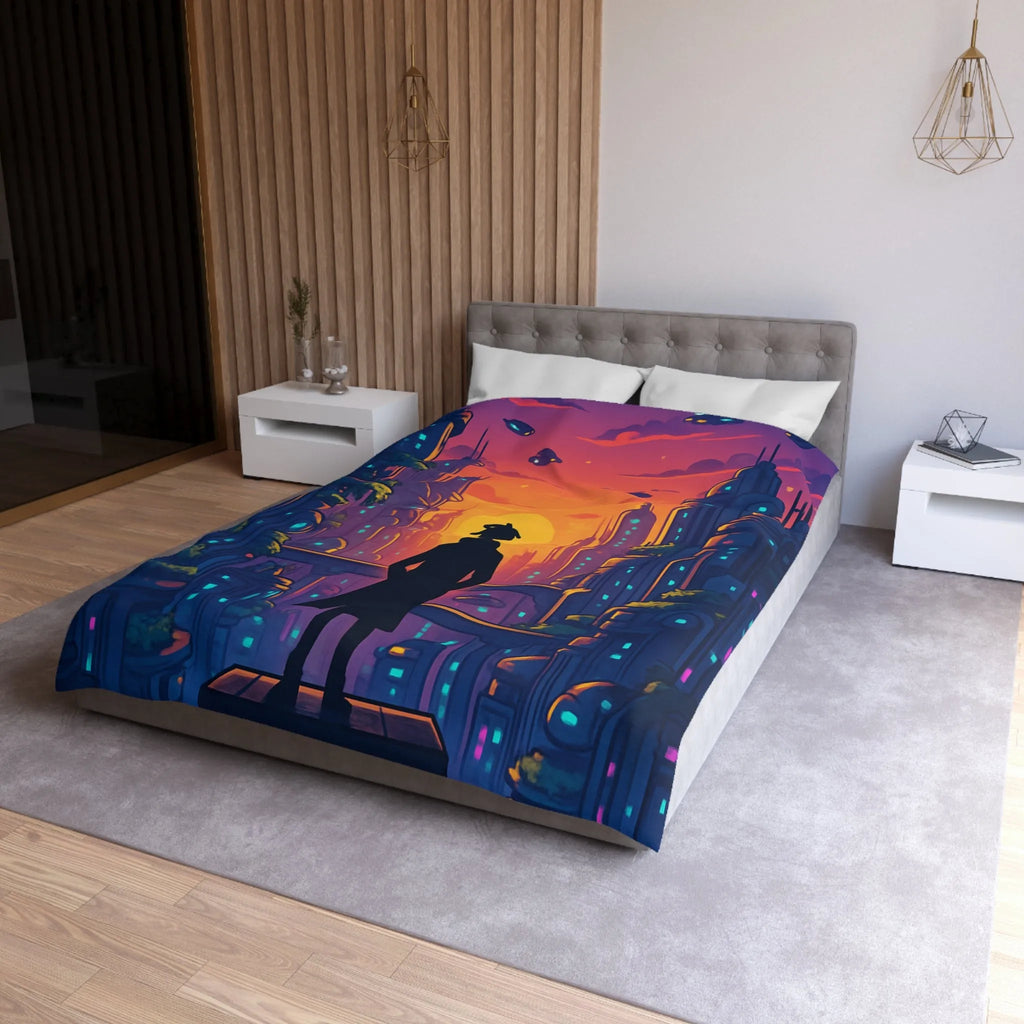 Housse de Couette Futuriste avec Paysage Urbain et Ciel Étoilé Orange et Bleu