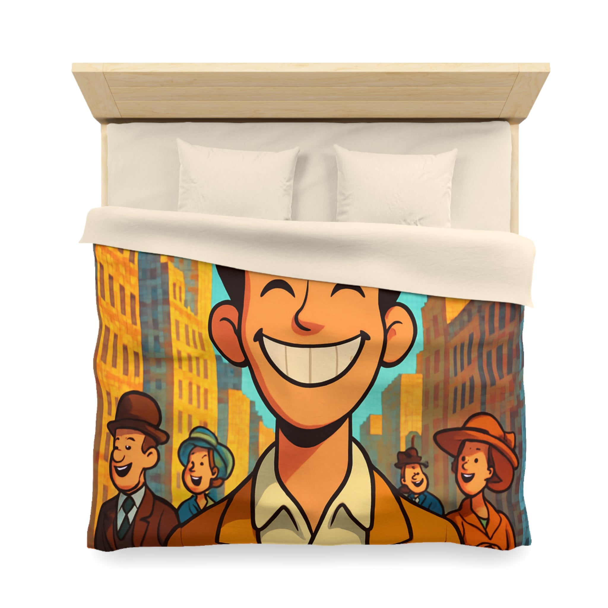 Housse de couette vintage avec personnages souriants et architecture urbaine en arrière-plan