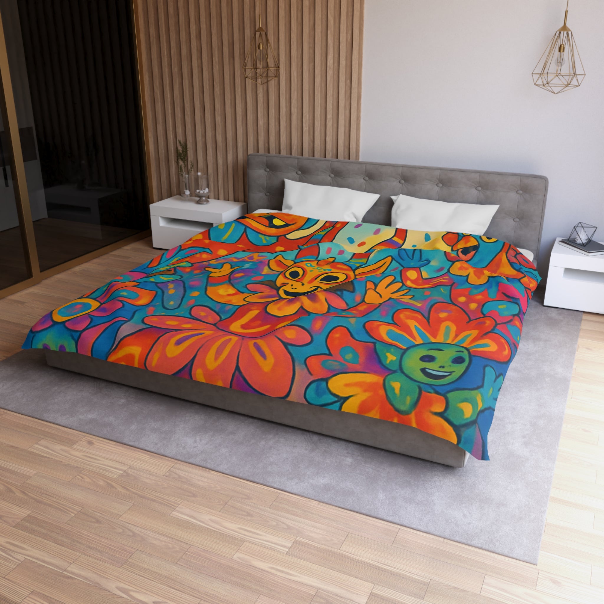 Housse de Couette Multicolore avec Motifs de Carnaval et Masques Fantaisistes Féeriques