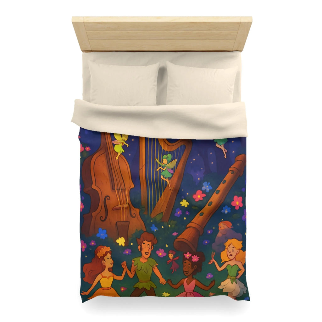 Housse de couette féérique forêt musicale, fées dansant avec fleurs et instruments enchanteurs