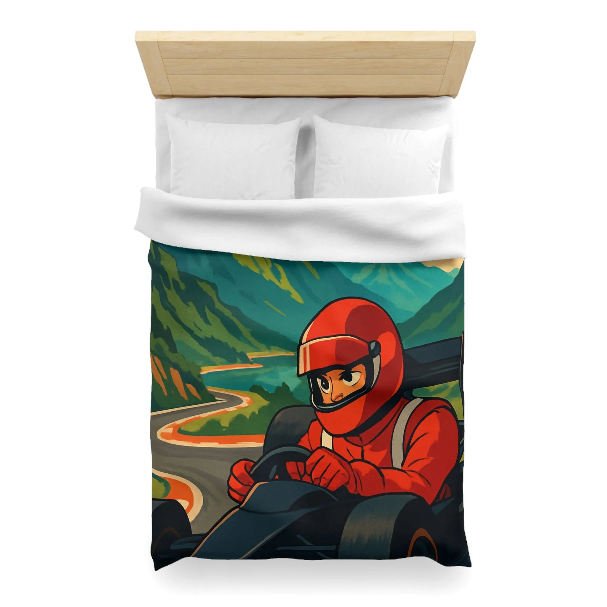 Housse de couette inspirée par une course en montagne avec conducteur en combinaison rouge