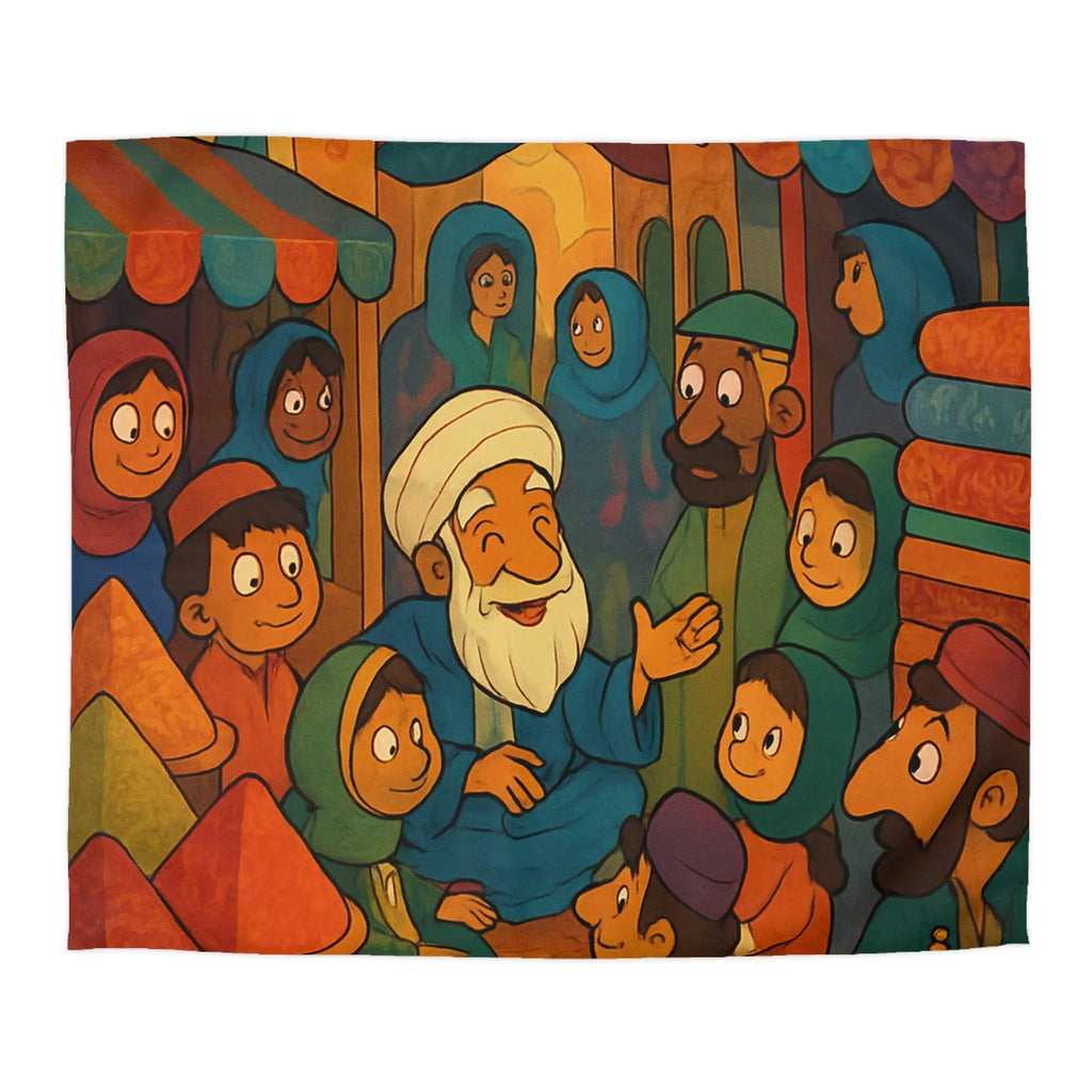 Housse de Couette Colorée Illustrant un Marché Animé avec Scène de Conteurs Traditionnels