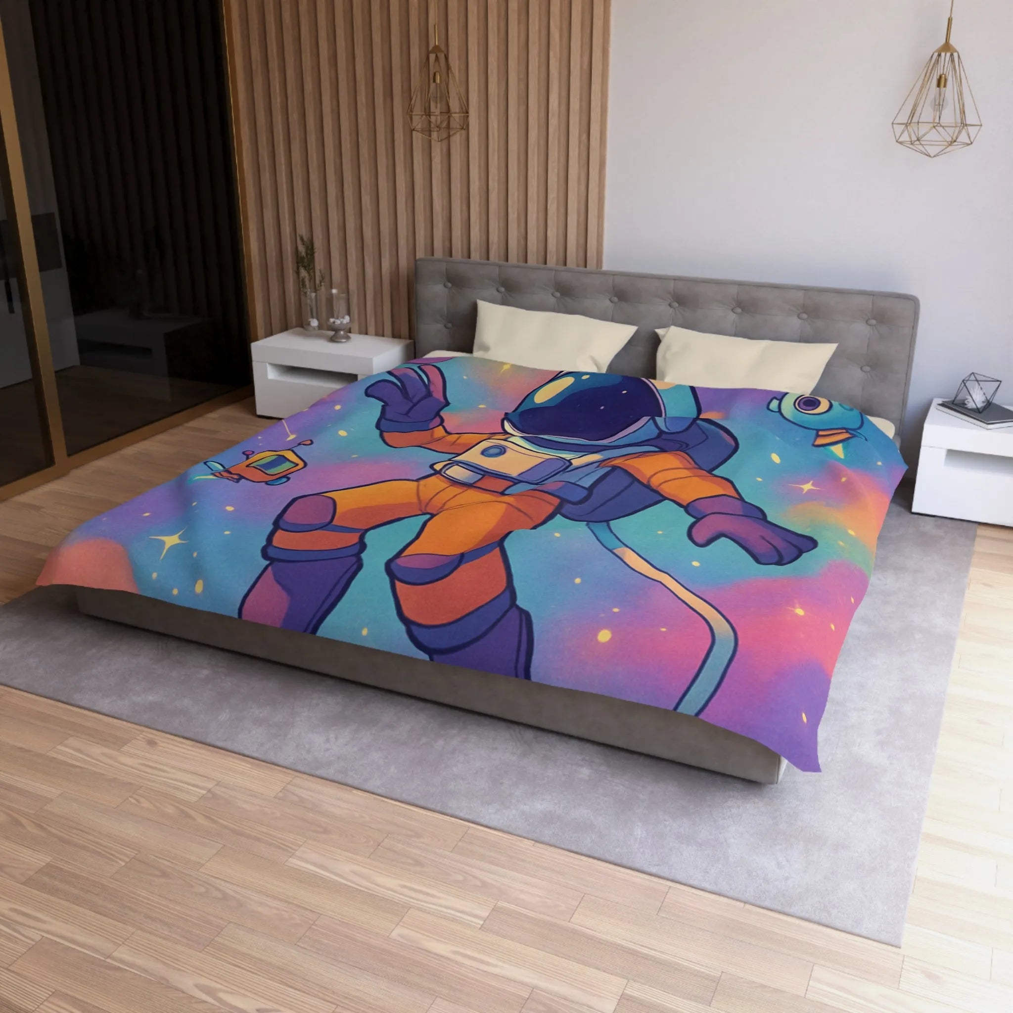Housse de couette colorée spatiale avec astronaute, planètes et robots ludiques pour enfants
