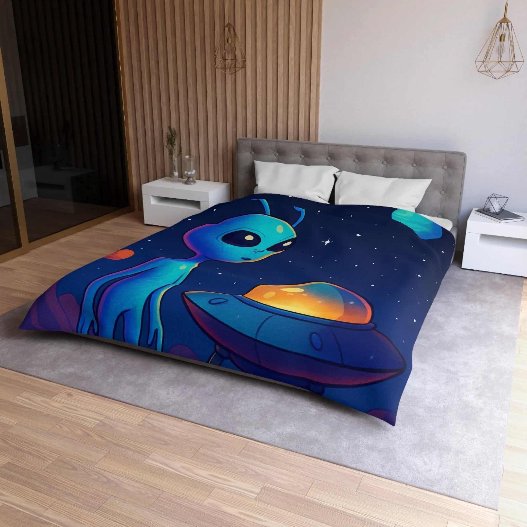 Housse de couette avec motif adorable de petit extraterrestre bleu et soucoupe volante
