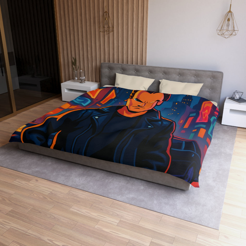 Housse de couette style rétro avec personnage en ville lumineuse sous pleine lune