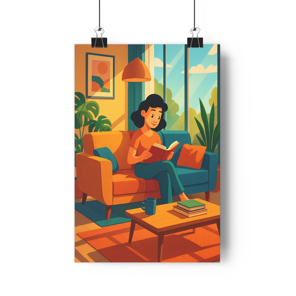 Poster décoratif vibrant salon intérieur moderne coloré lumière naturelle apaisante géométrique confortable femme lecture