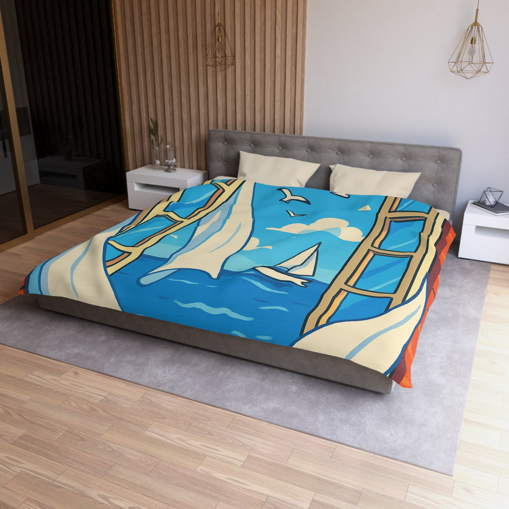 Housse de couette paysage marin fenêtre ouverte, voilier et ciel bleu serein