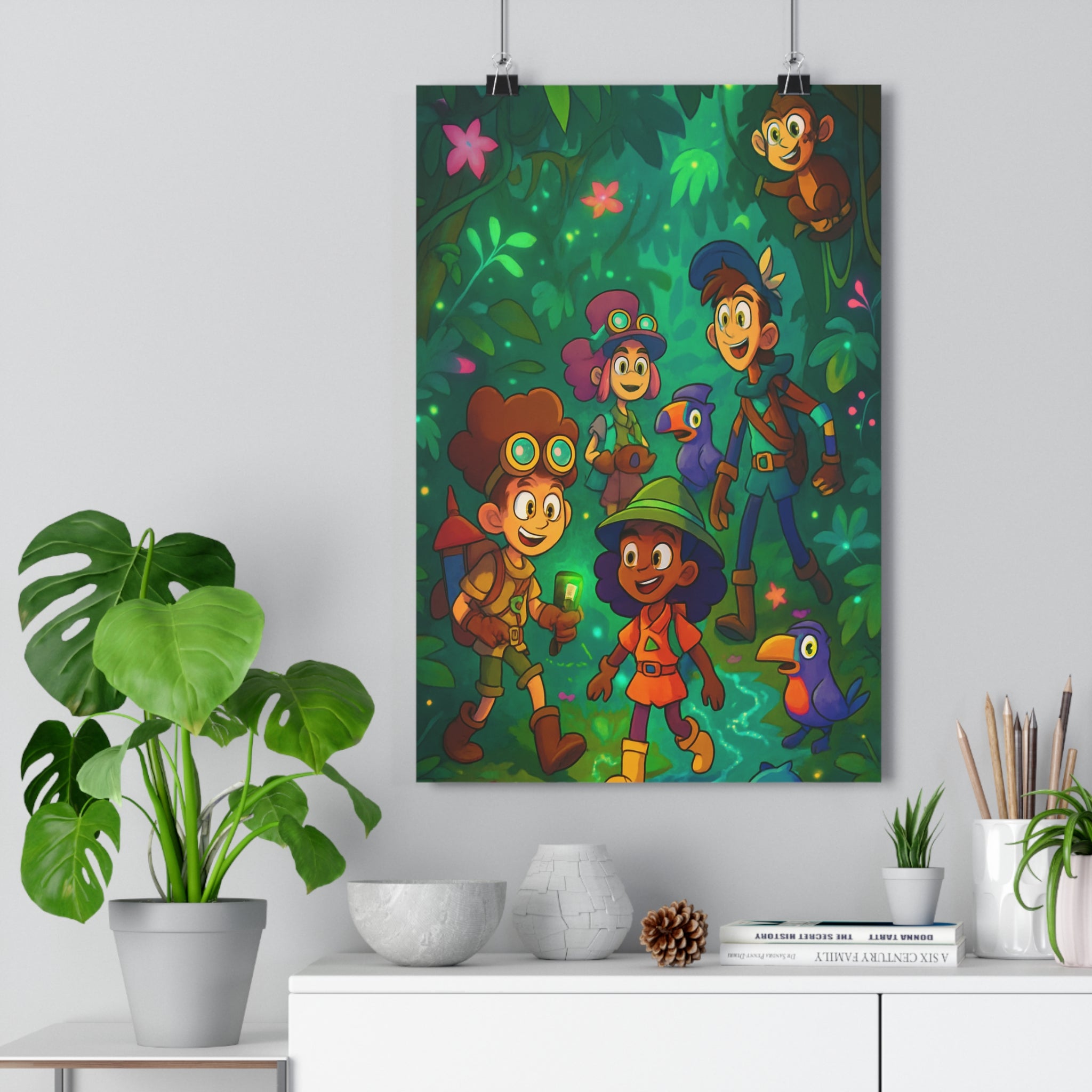 Poster décoratif coloré jungle cartoon aventure amusant explorateurs enfants chambre salon vibrant joyeux qualité