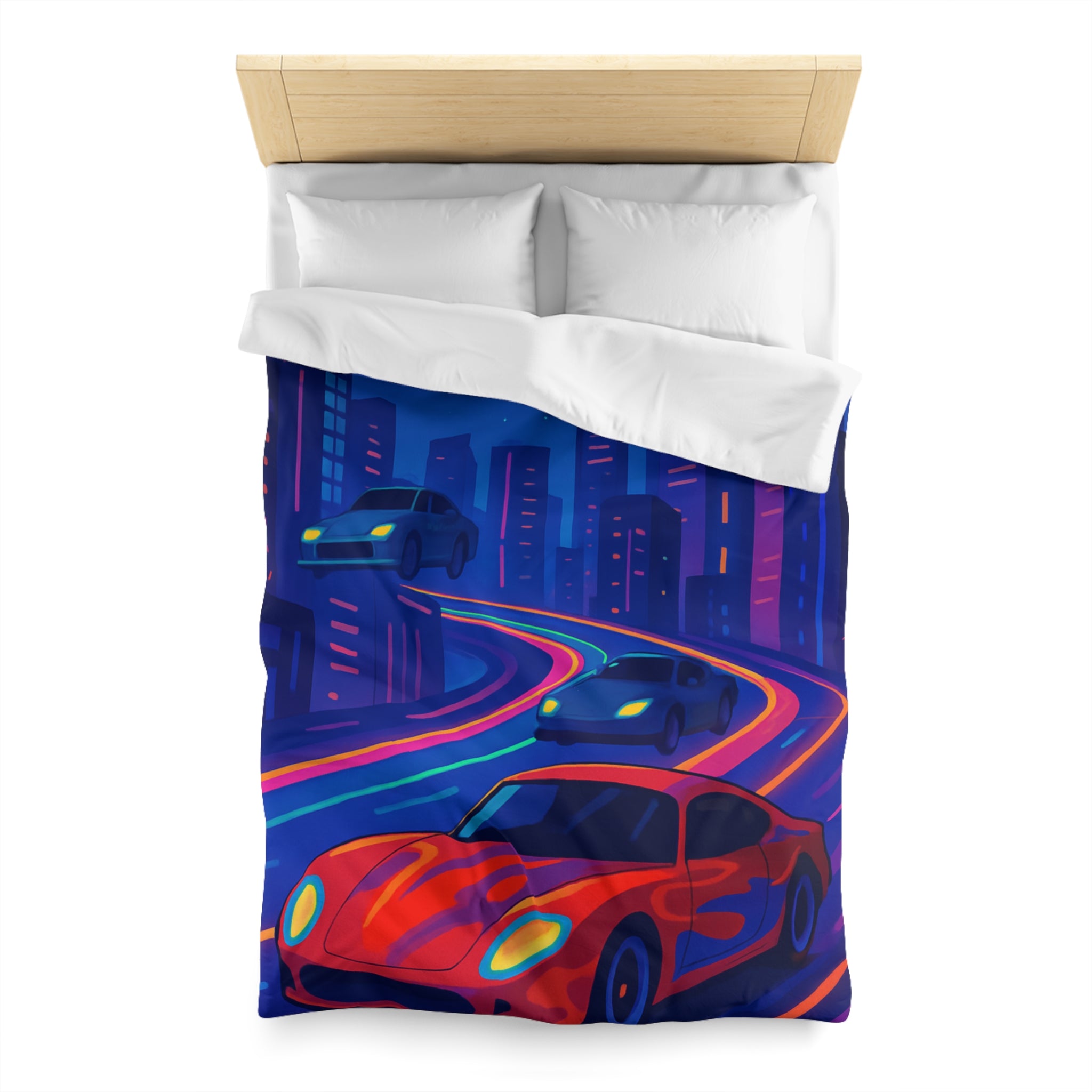 Housse de Couette Ville Futuriste avec Voiture Rouge et Lumières Néon