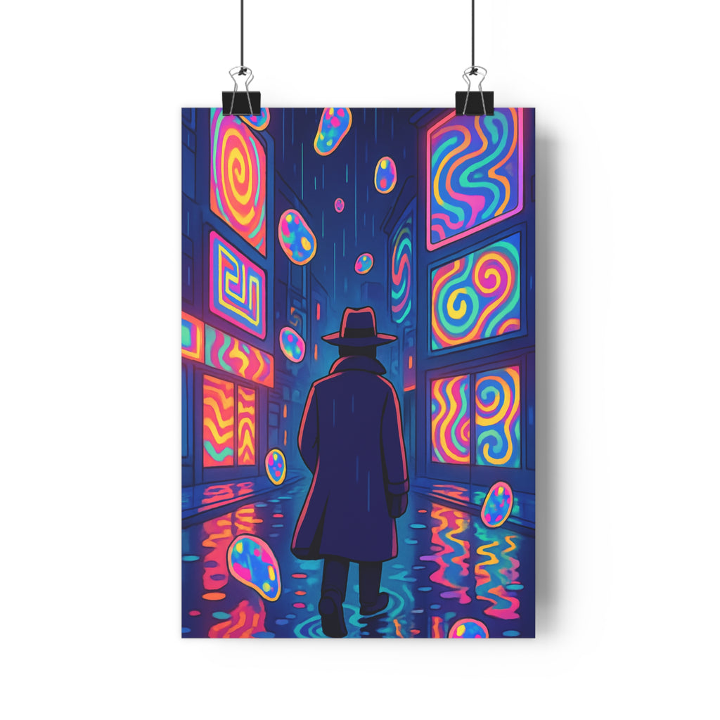 Poster décoratif urbain art psychédélique néon moderne salon chambre ambiance mystérieuse silhouette colorée qualité