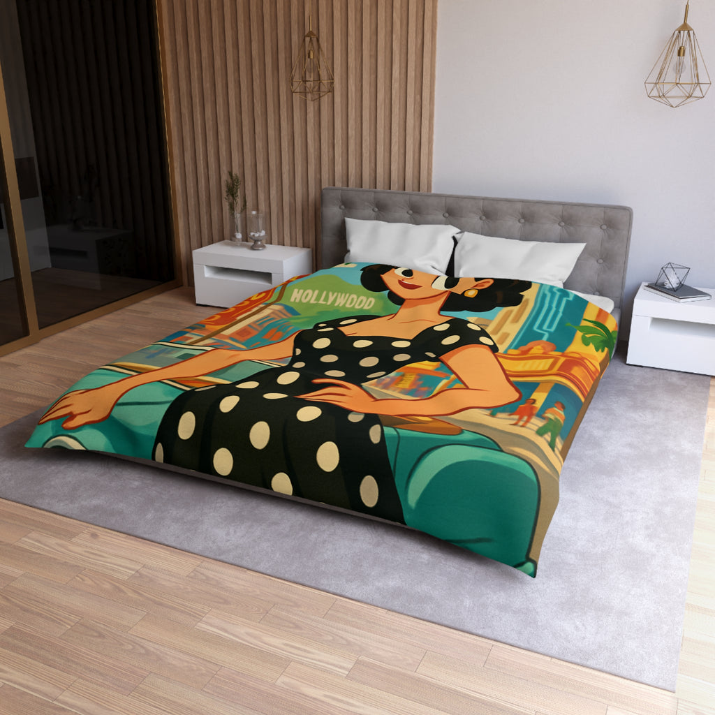 Housse de couette rétro Hollywood années 50 avec motifs de voitures vintage et palmiers