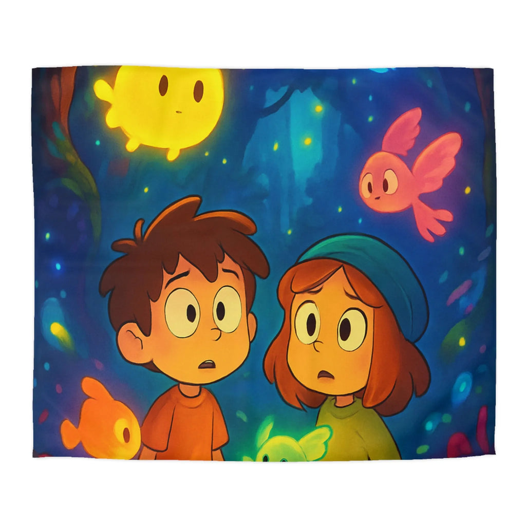 Housse de Couette Enfant Fantaisie avec Créatures Lumineuses dans Forêt Mystérieuse et Enchantée