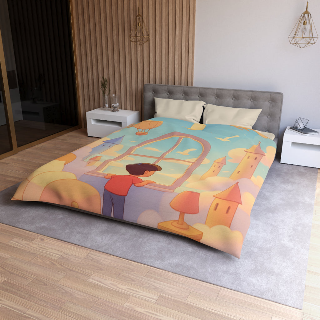 Housse de couette rêveuse enfantine avec nuages, dirigeables et oiseaux volants paisibles