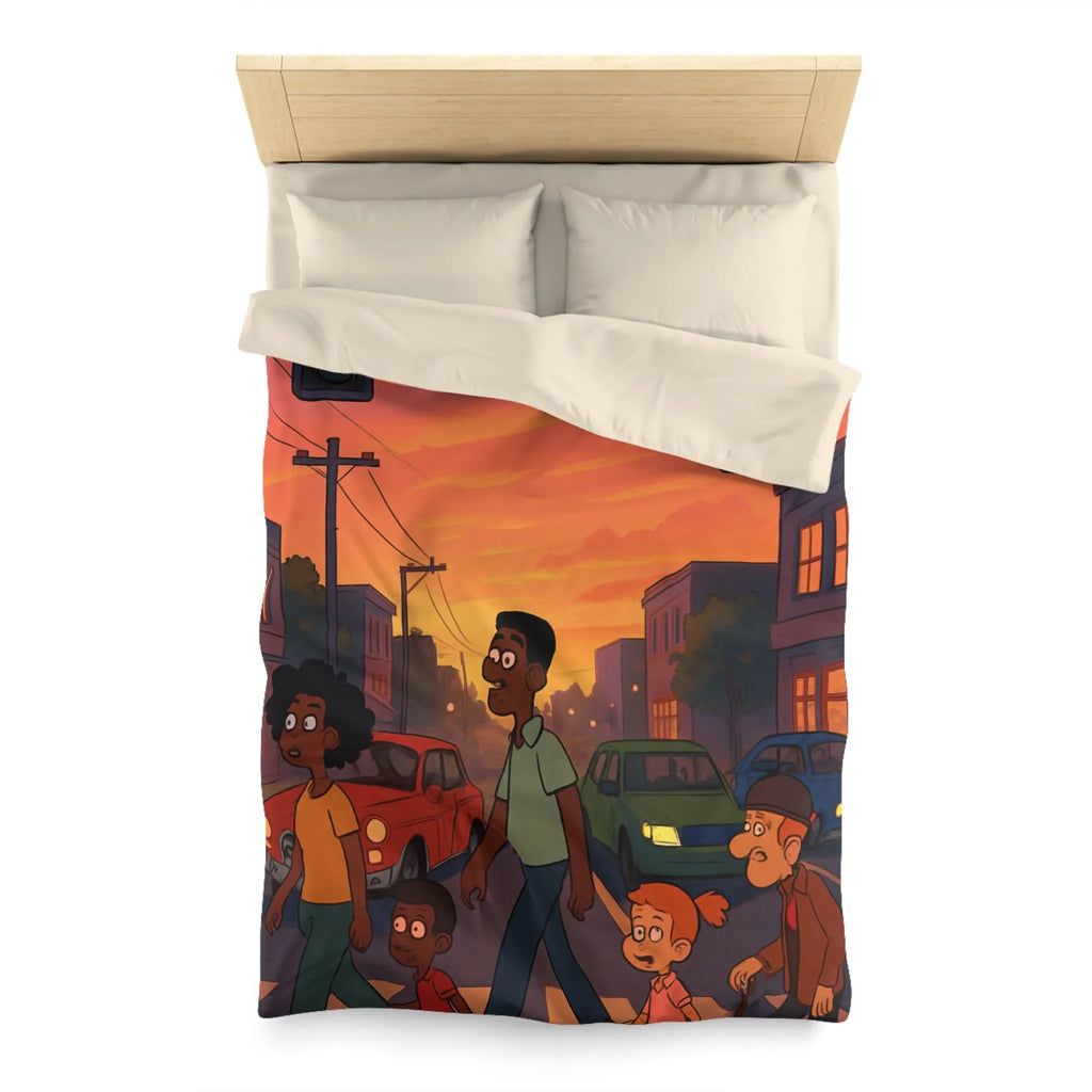 Housse de couette coucher de soleil urbain coloré, personnages divers traversant rue animée