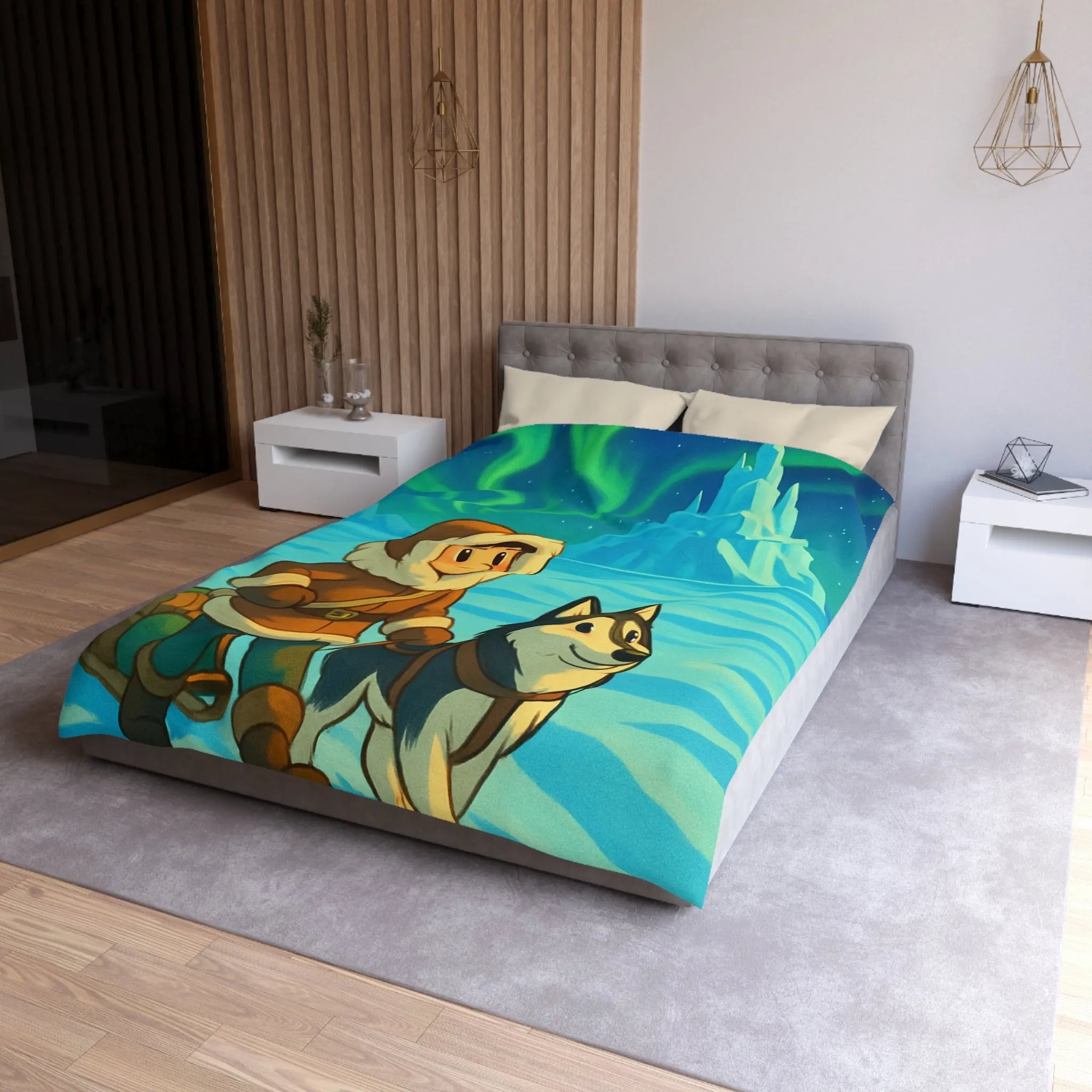 Housse de couette décorative avec aurores boréales et enfant accompagné de chien