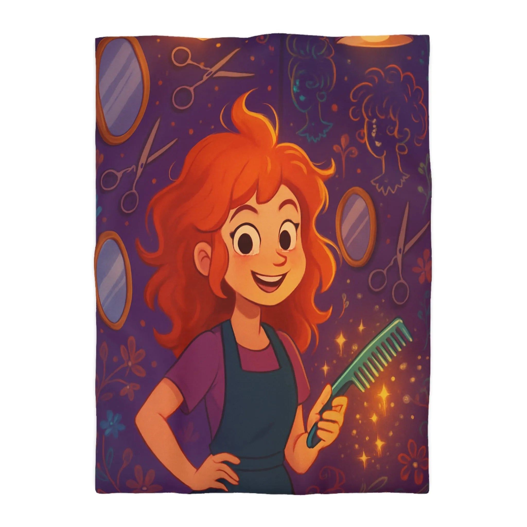 Housse de Couette Colorée avec Fille Rieuse et Ambiance Salon de Coiffure Magique