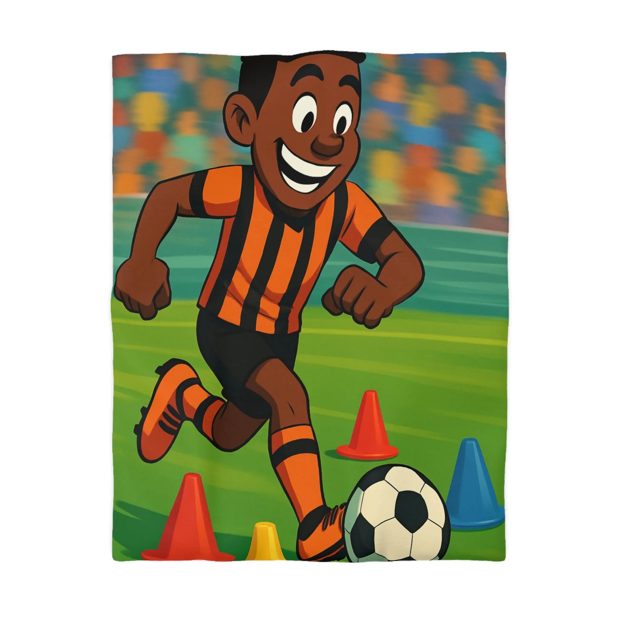 Housse de couette football enfant dynamique avec joueur souriant en action colorée