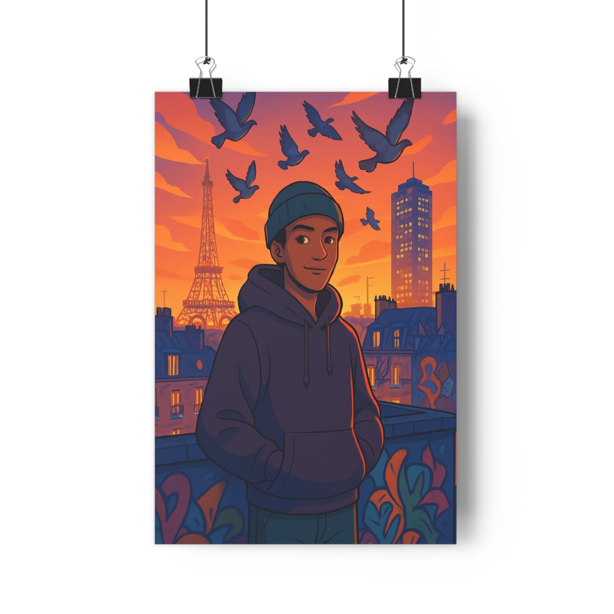 Poster décoratif moderne vibrant orange paris urbain jeune homme chambre salon design contemporain stylisé