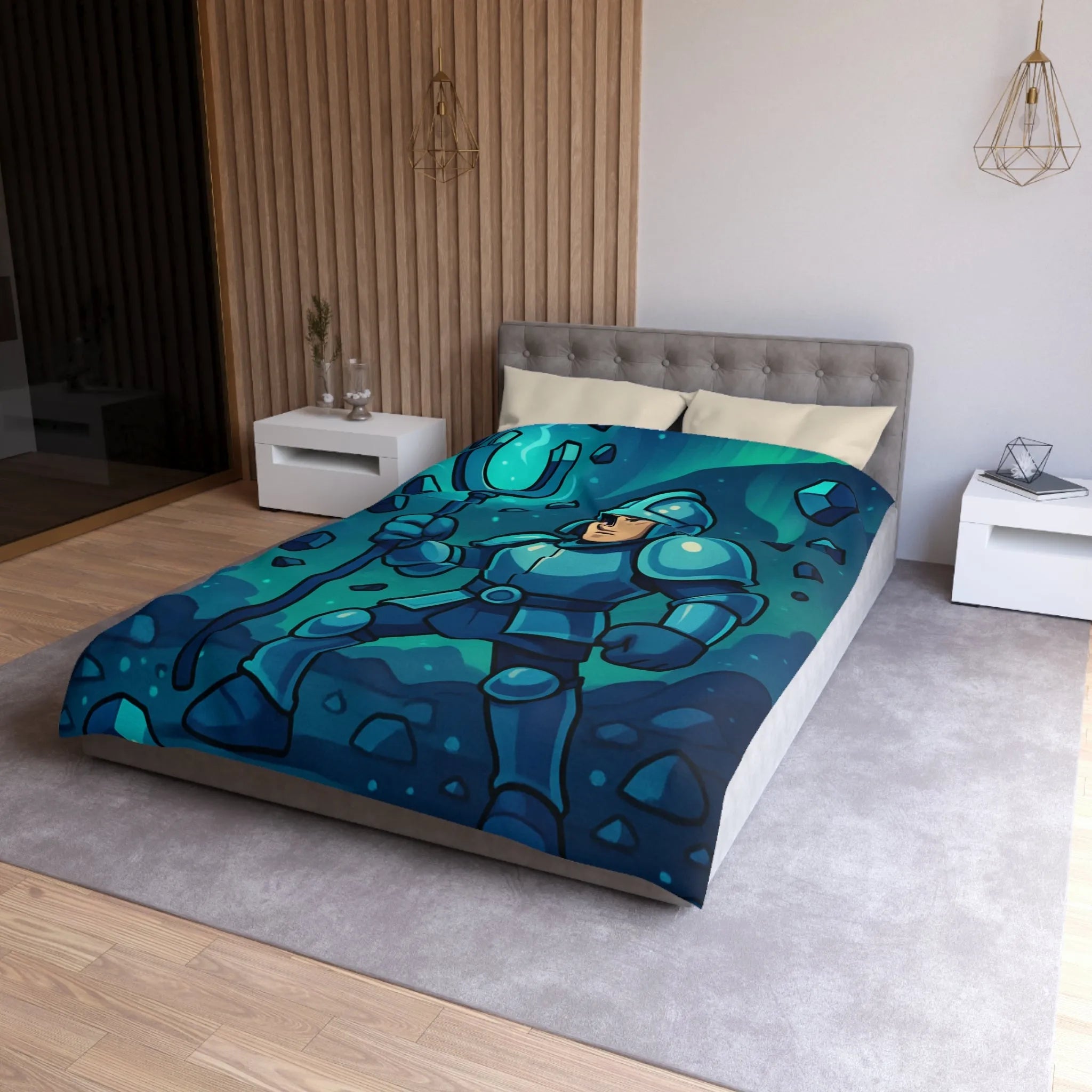 Housse de couette chevalier bleu avec sceptre magique et pierres précieuses sur fond nocturne