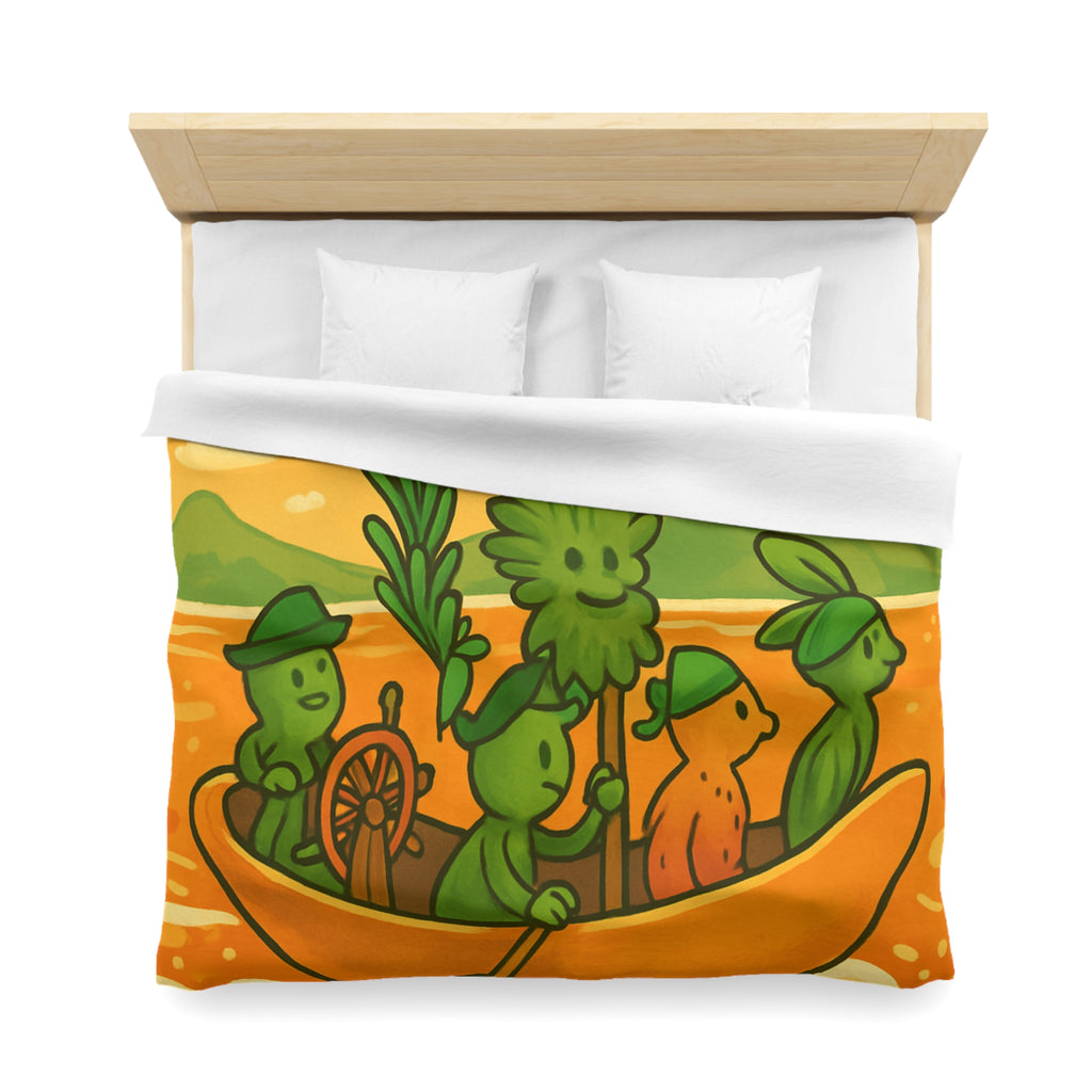 Housse de couette originale avec personnages verts naviguant sur mer orangée ludique