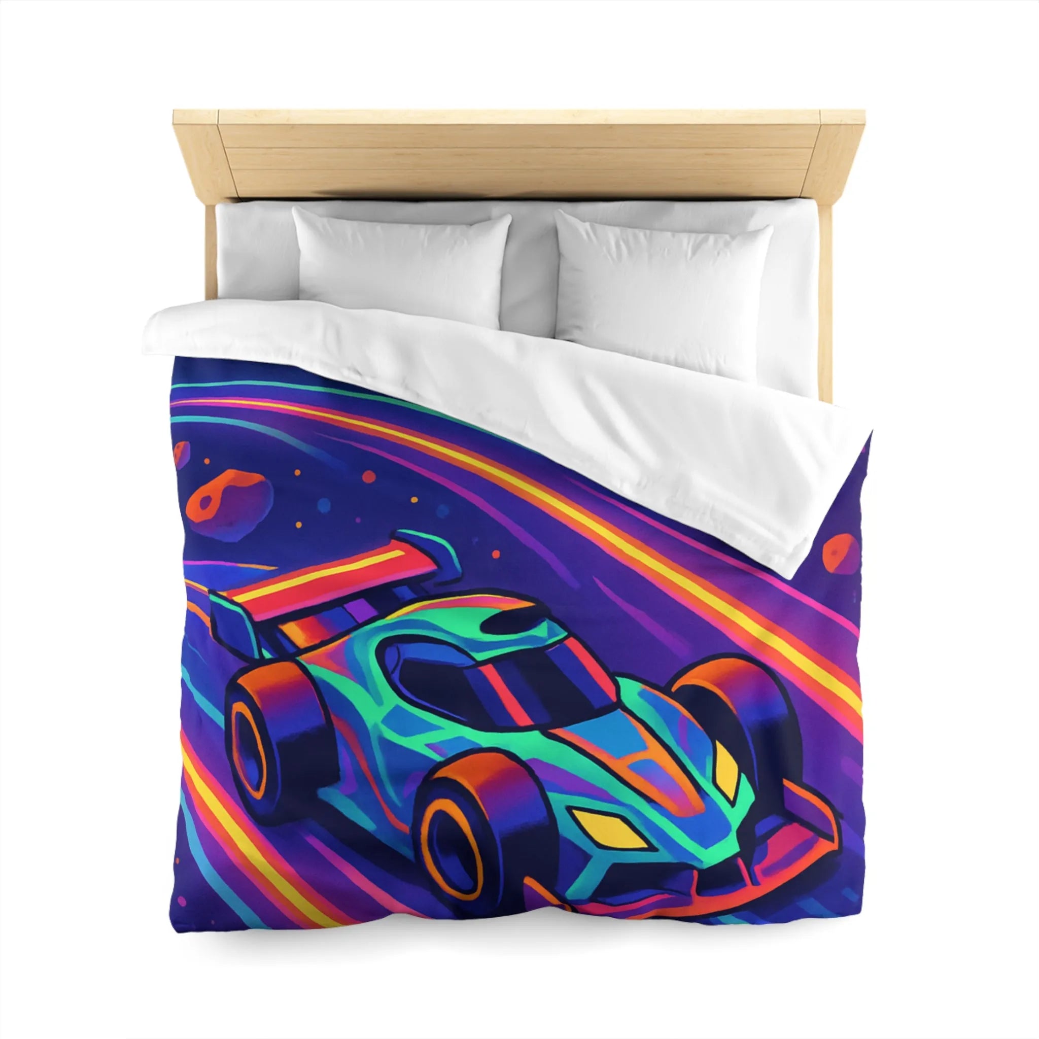 Éblouissante Housse de Couette avec Voiture Néon Galactique et Planètes Colorées