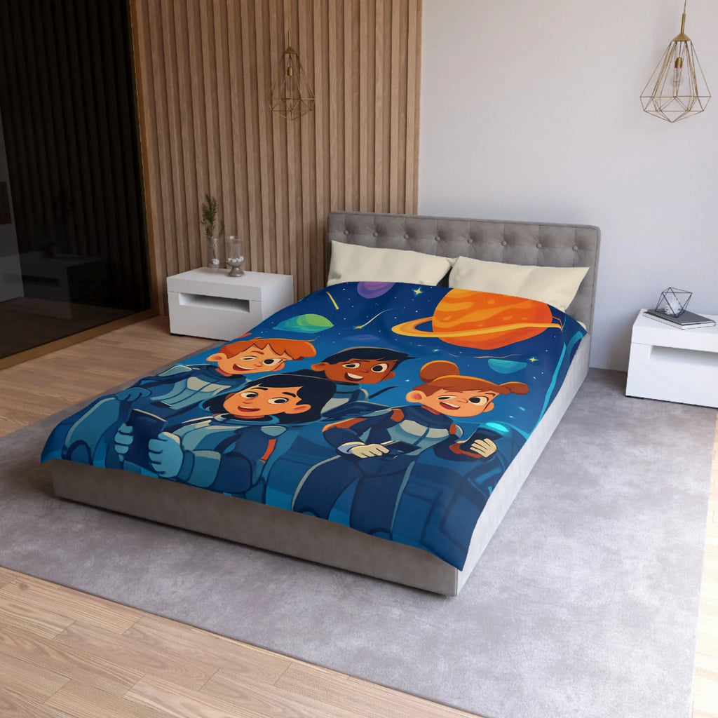Housse de couette enfant en exploration spatiale avec planètes colorées et jeunes astronautes