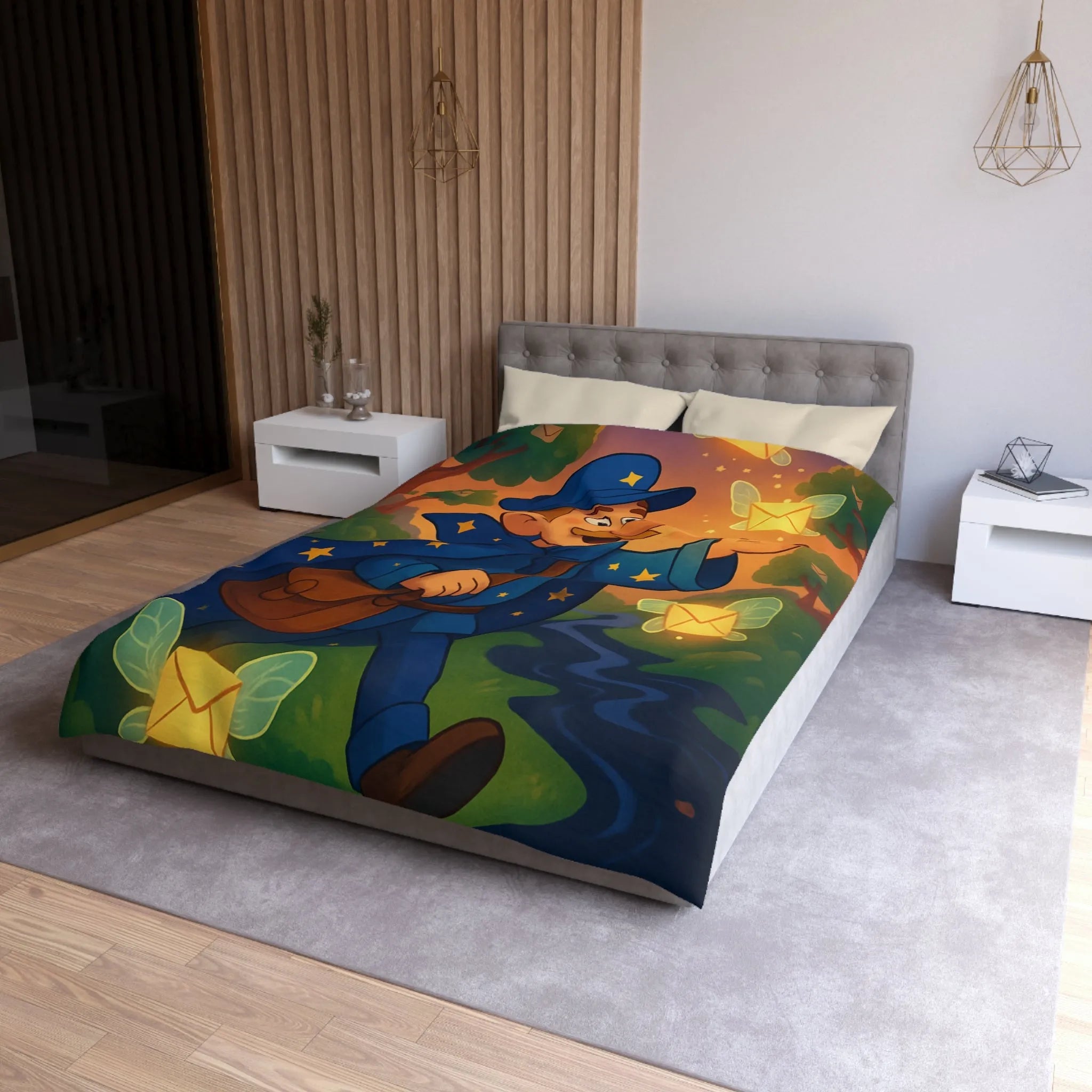 Housse de Couette Enfantine Magique Forêt Ambiance Nocturne Étoiles Arborées Postier Joyeux