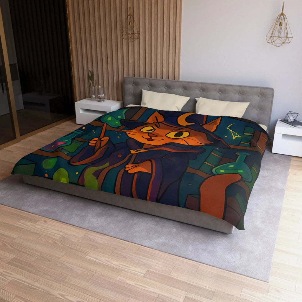 Housse de couette magique avec chat sorcier, chaudron et bibliothèque alchimiste enchanteresse
