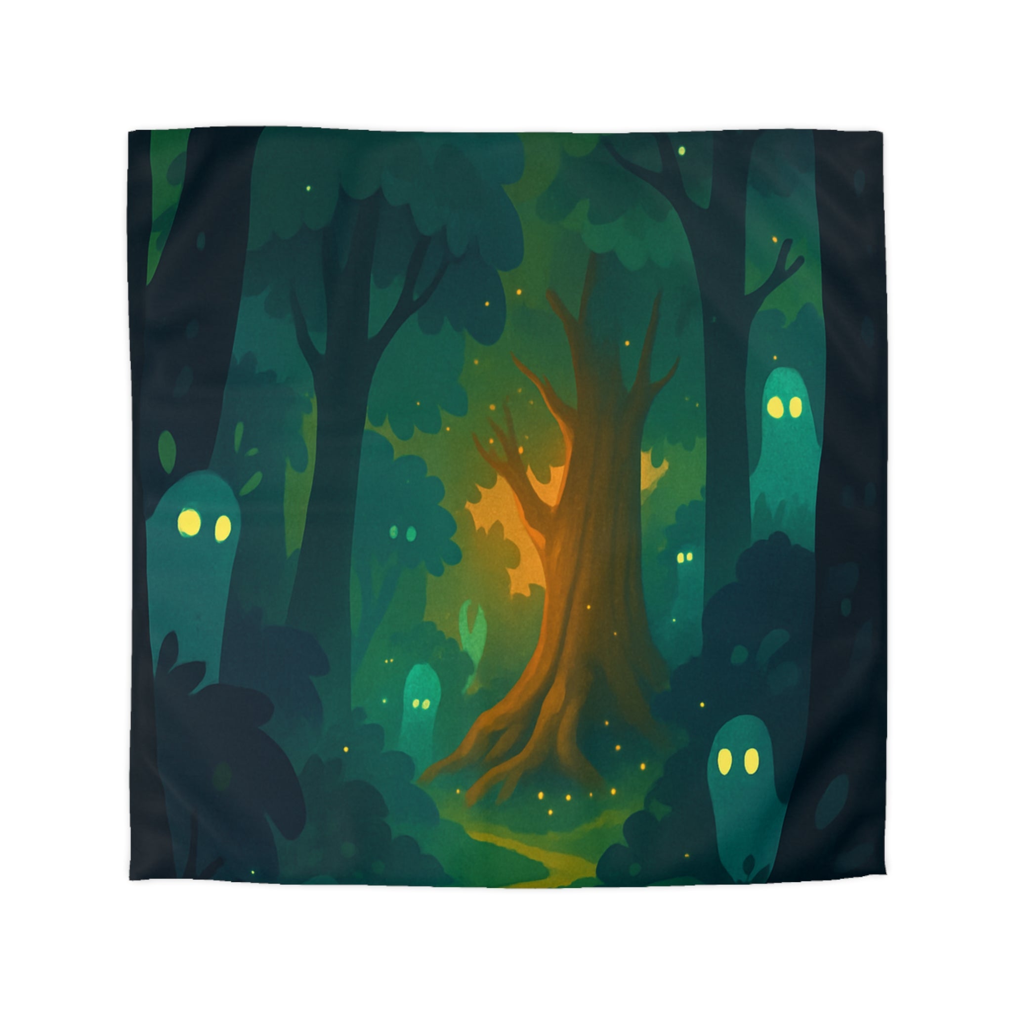 Housse de couette mystérieuse forêt enchantée avec esprits lumineux et sentier sinueux