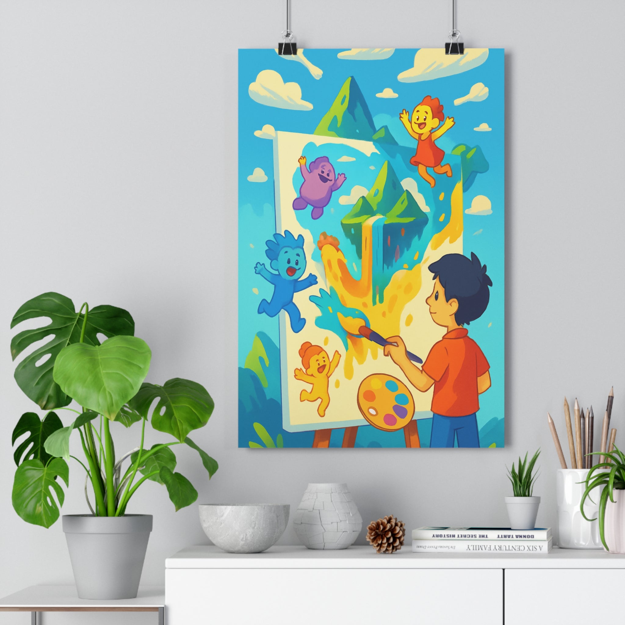 Poster décoratif surréaliste anime artistique couleurs vives paysage joyeux salon chambre bureau cascade qualité