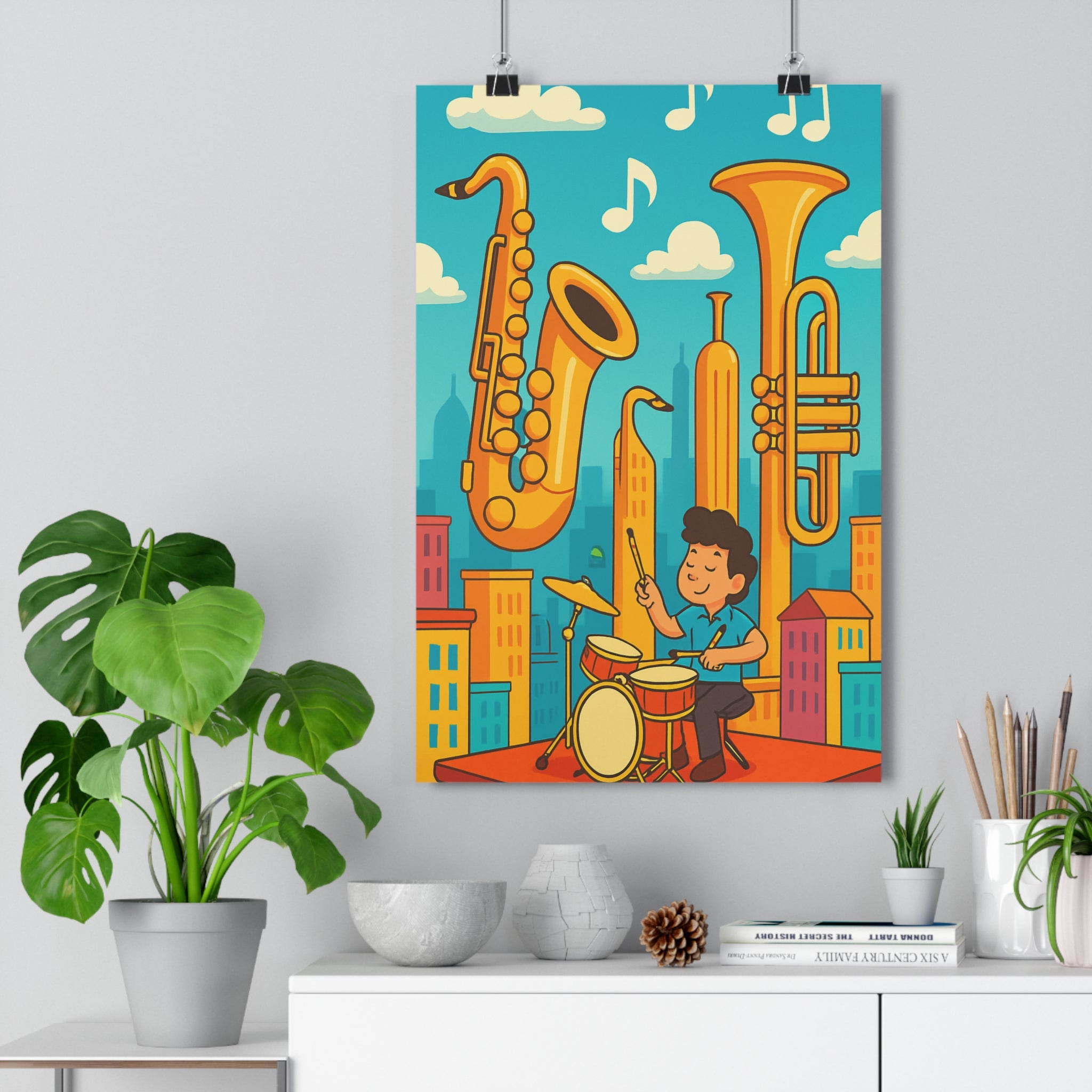 Poster décoratif jazz futuriste bleu jaune cartoon salon ambiance dynamique musique moderne instruments qualité