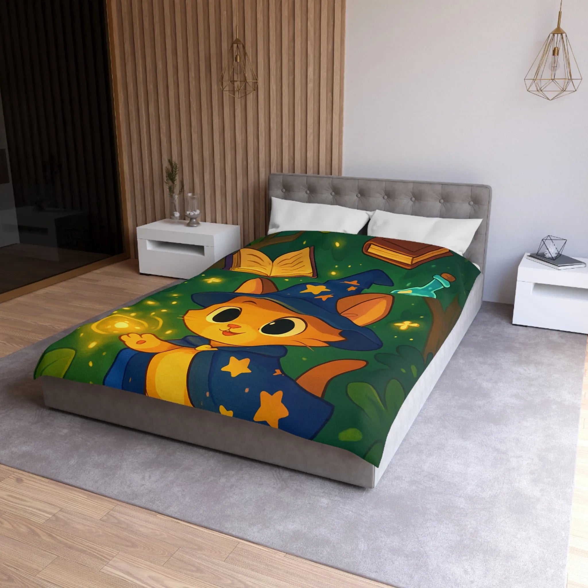 Housse de couette magique pour enfants avec chaton sorcier et forêt enchantée