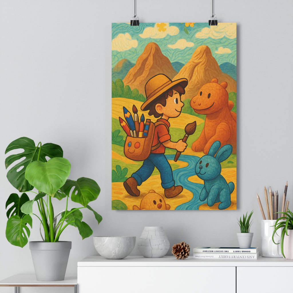 Poster décoratif aventure bleu joyeux cartoon salon chambre enfant explorateur paysage créature dynamique coloré