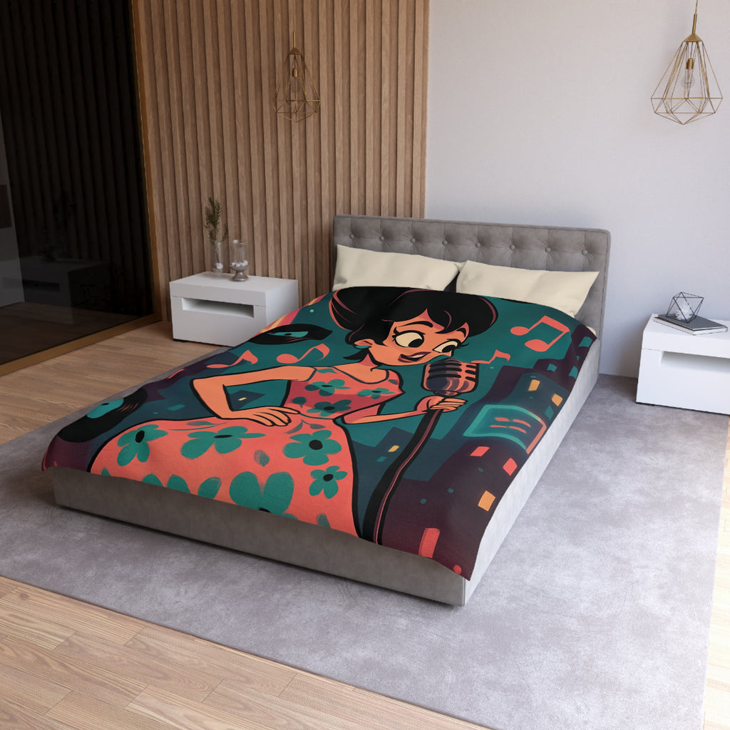 Housse de Couette Vintage Femme en Robe à Fleurs Chante Microphone Musique.