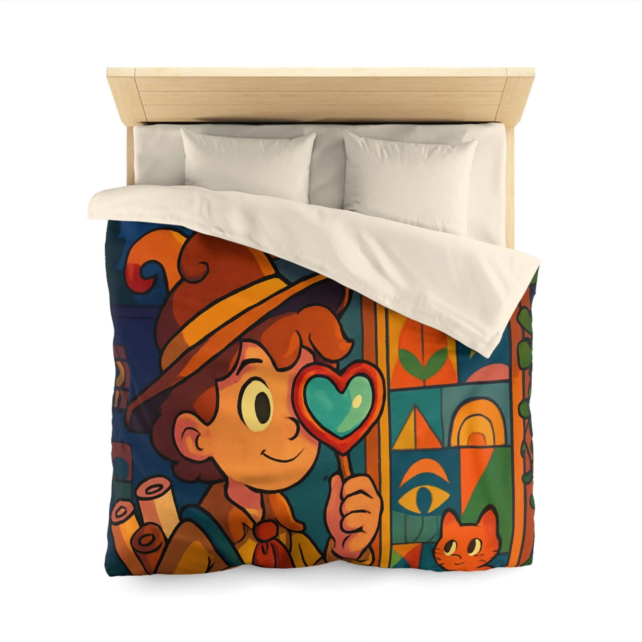 Housse de couette enfant magique avec chat mignon et motifs géométriques colorés