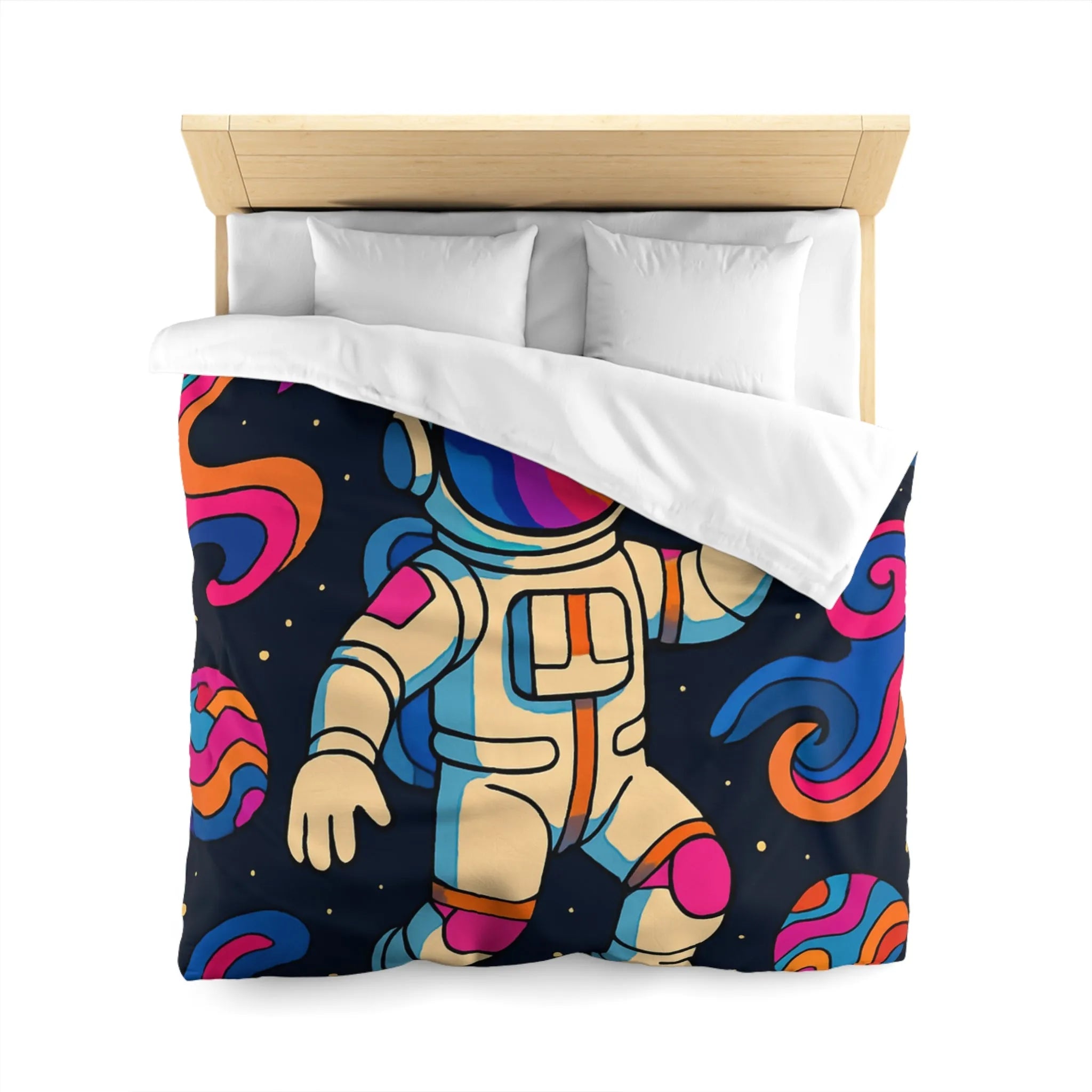 Housse de Couette Astronaute Psychédélique dans l’Espace avec Planètes Colorées et Fusées