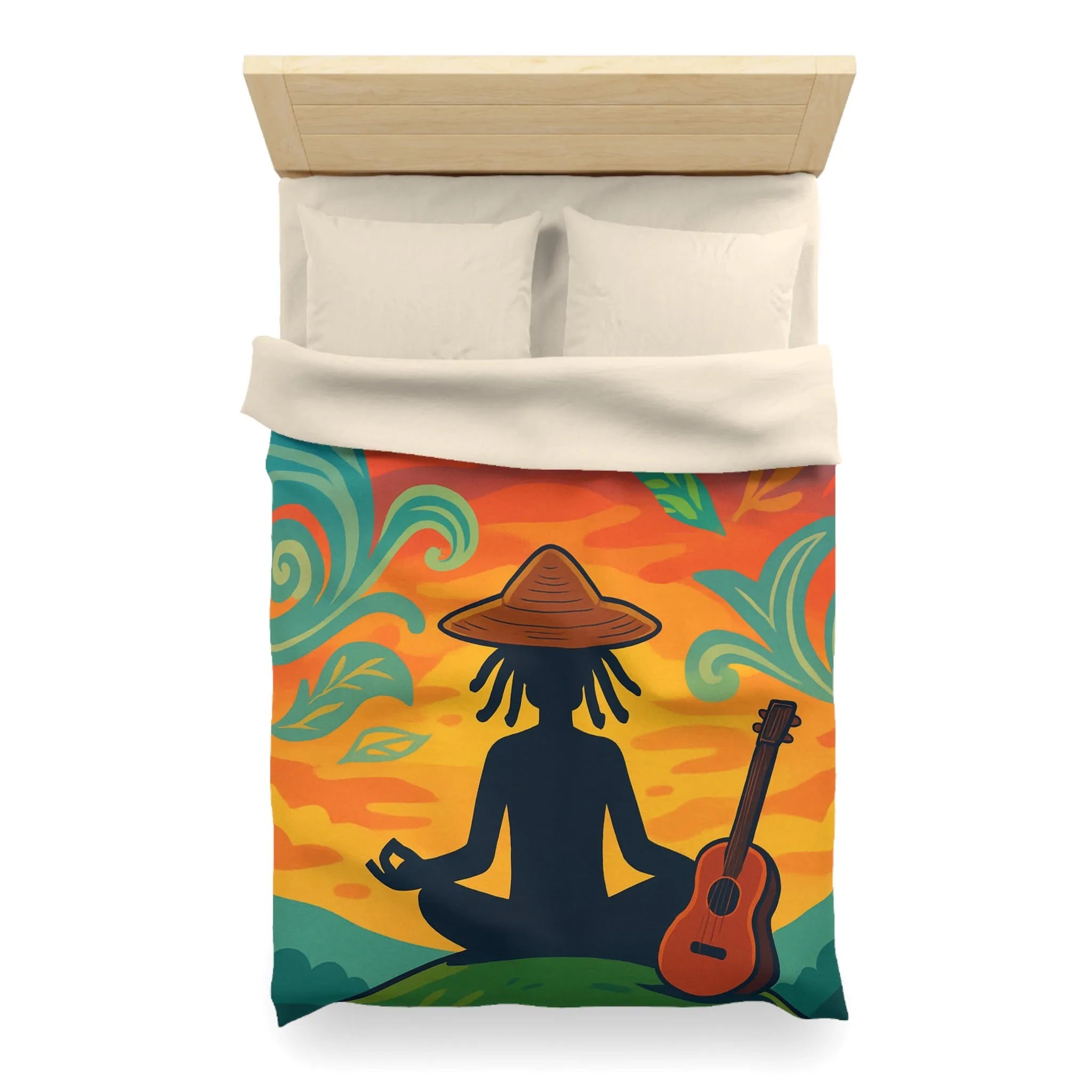 Housse de couette avec silhouette méditative et nature vibrante sous coucher de soleil coloré
