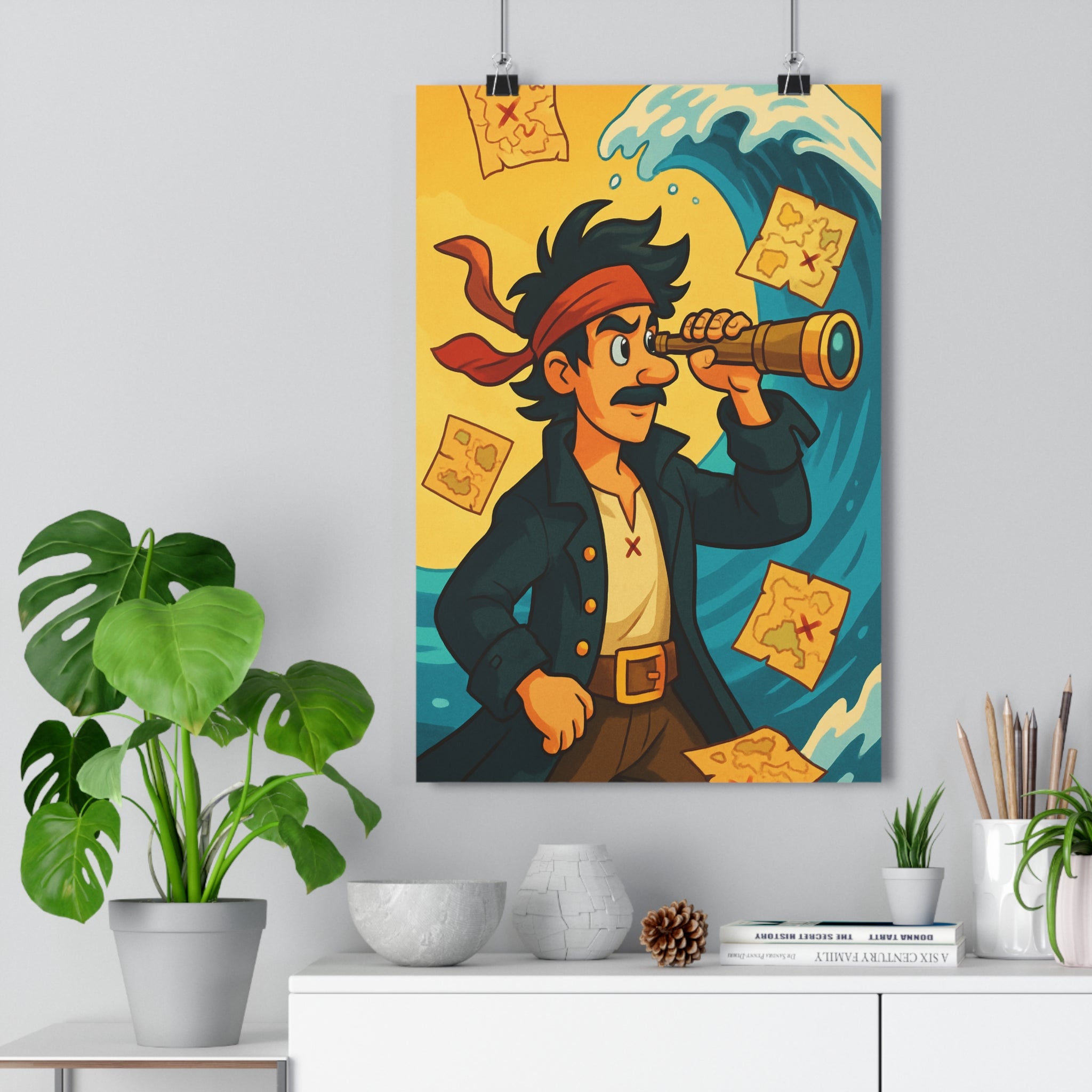 Poster décoratif cartoon bleu jaune aventure chambre enfant créatif dynamique pirate exploration murale animée