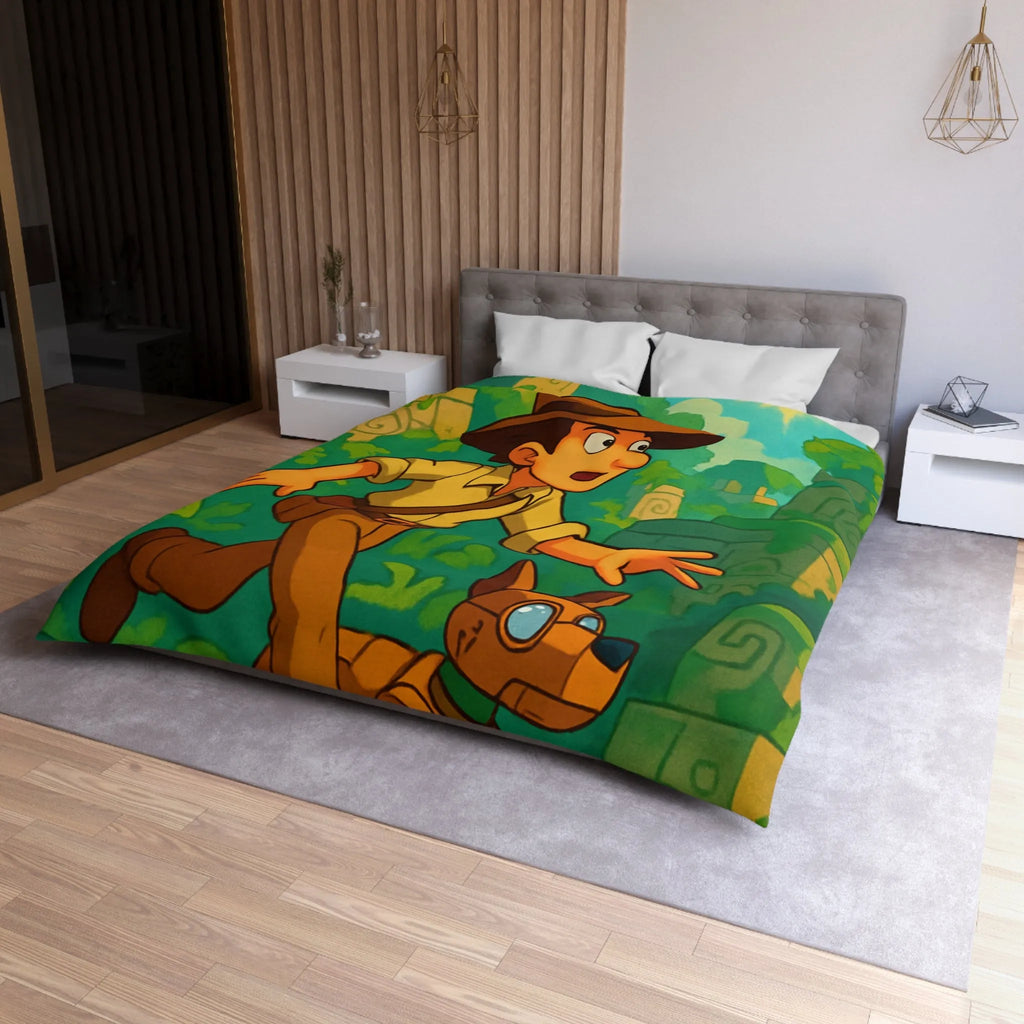 Housse de couette aventure jungle avec personnage explorateur et chien robotique animé