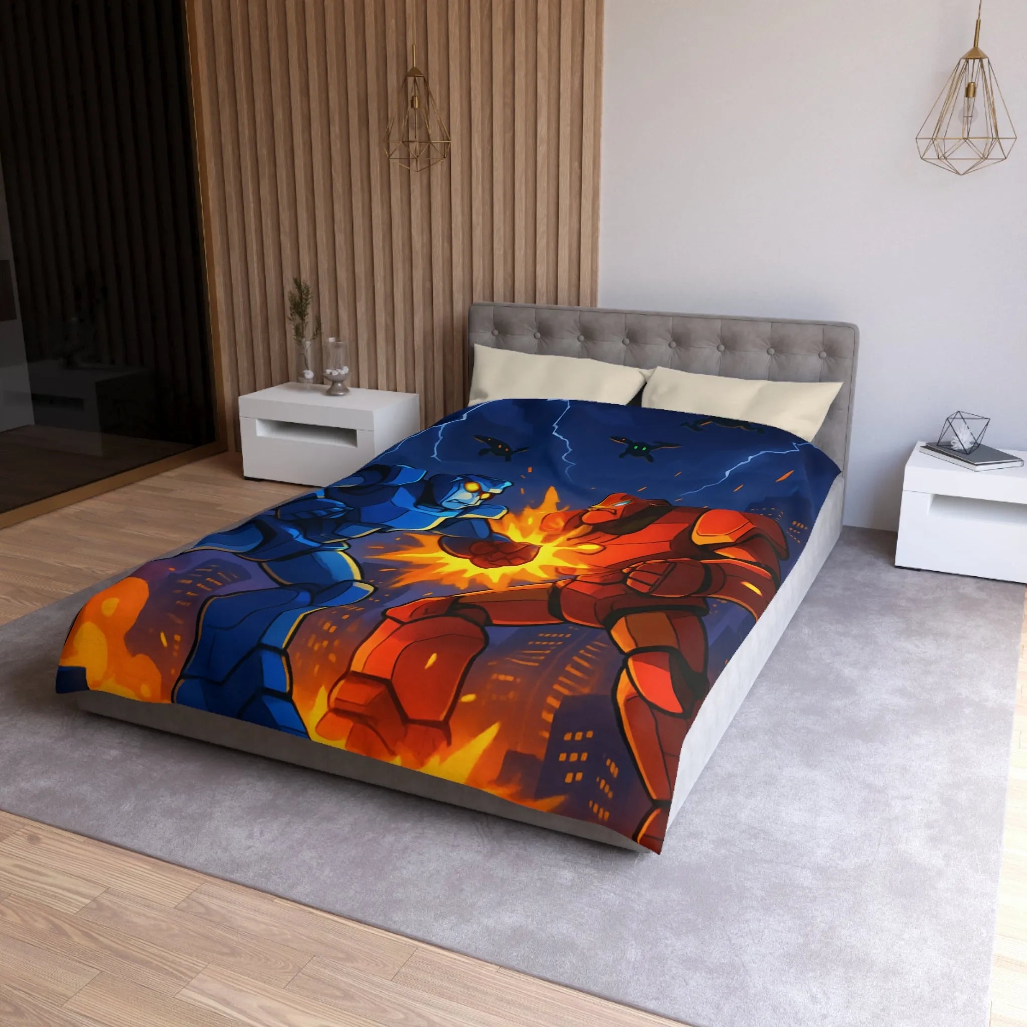 Housse de couette futuriste robots en combat dans une ville éclairée par l'orage