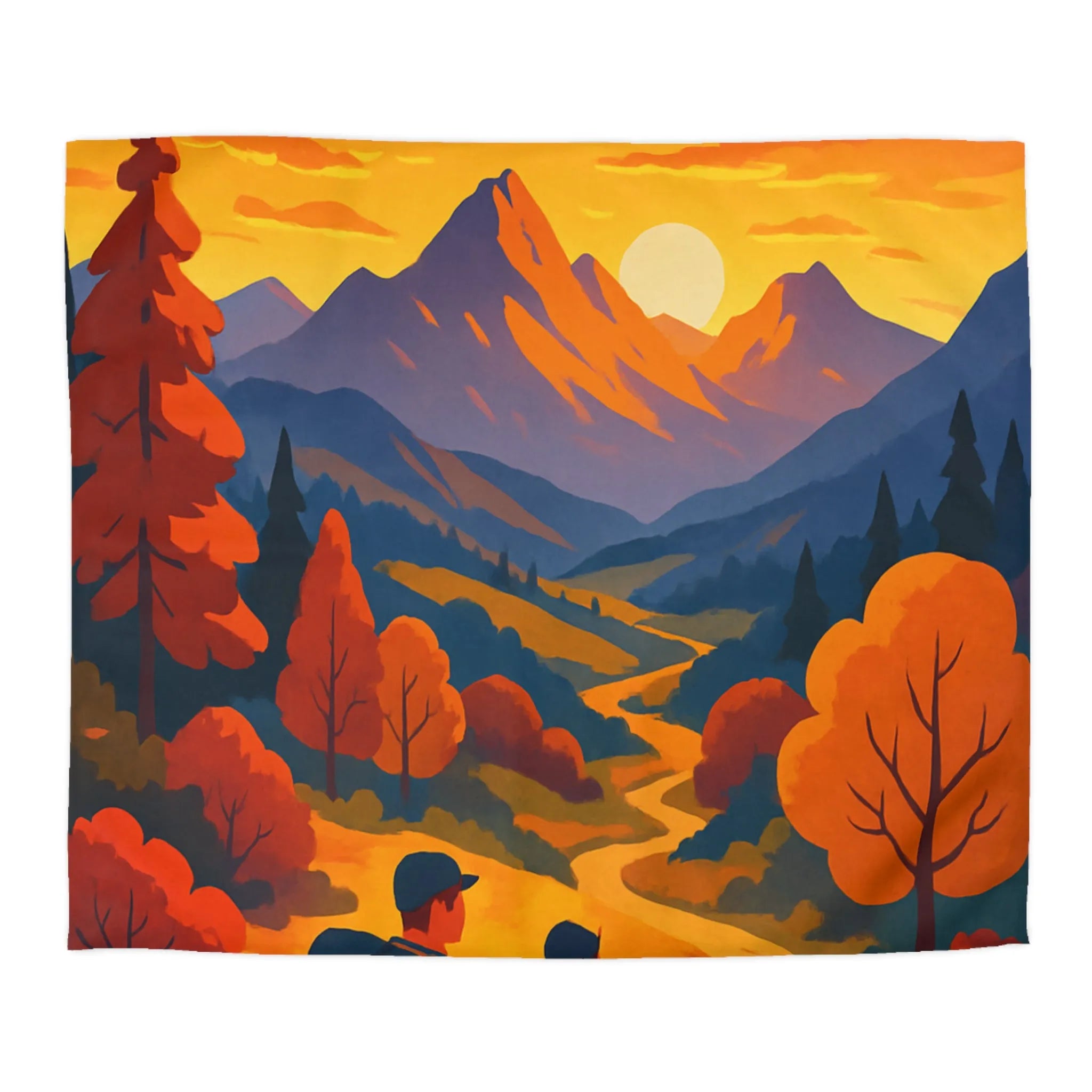 Housse de couette colorée avec paysage de montagne au coucher du soleil pour randonneurs