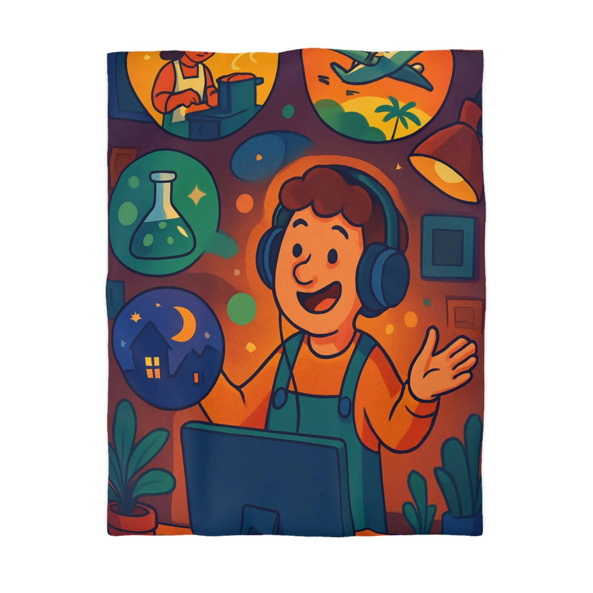 Housse de couette colorée avec illustrations de rêve, voyage et créativité pour enfant