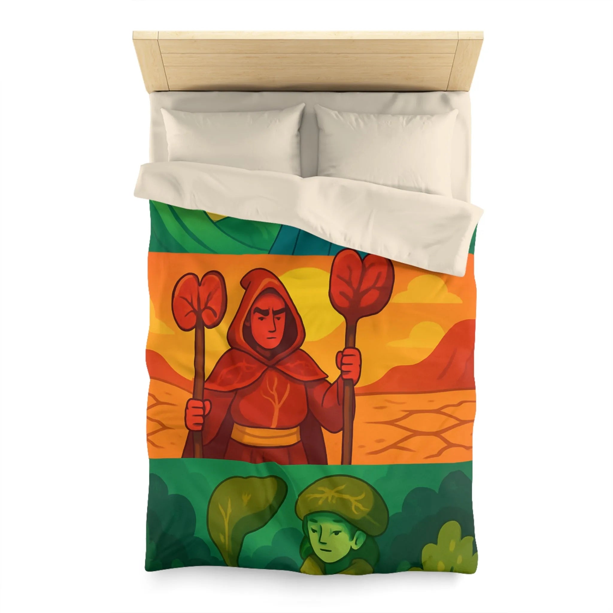 Housse de couette colorée avec trois mages, nature et paysages stylisés, ambiance apaisante