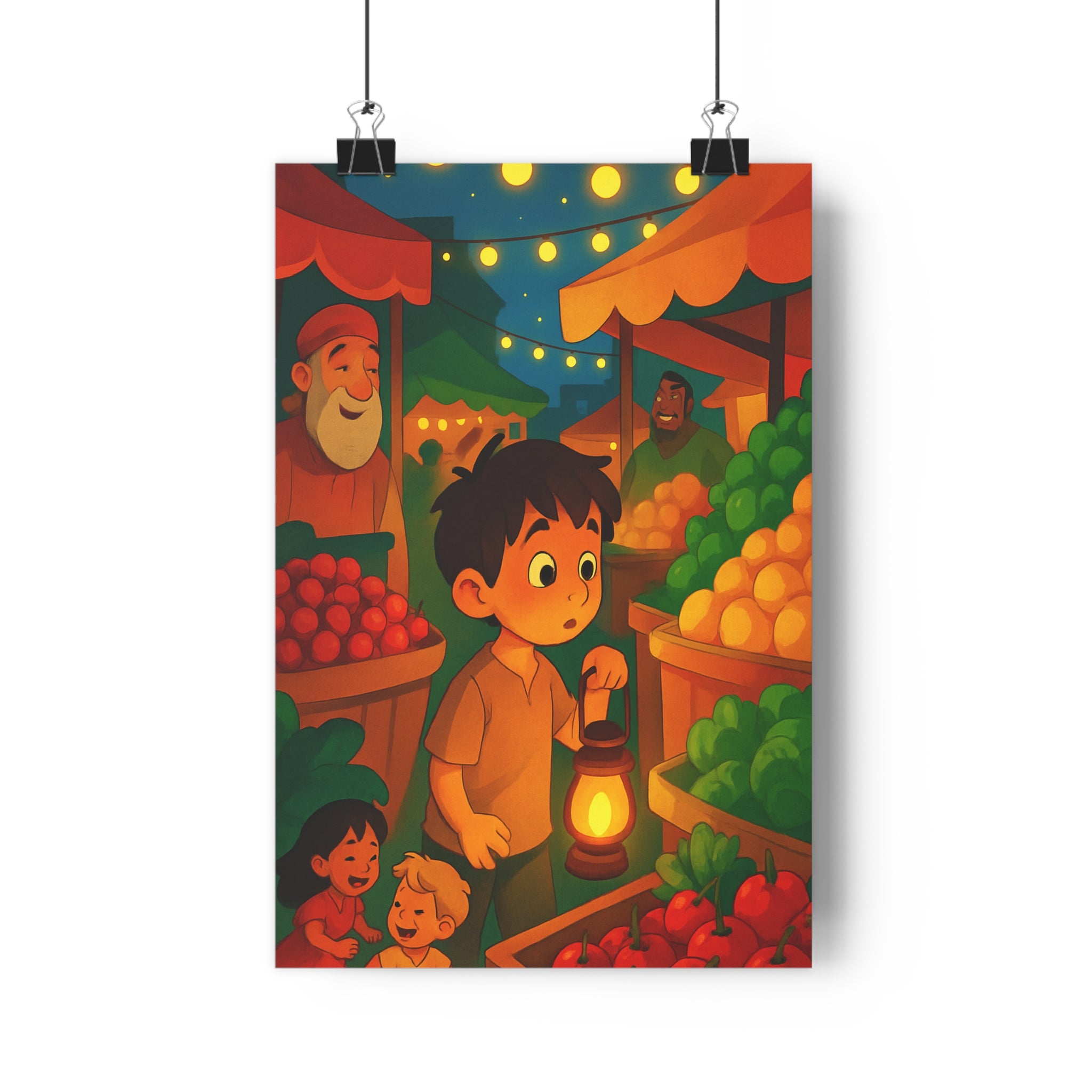 Poster décoratif dessin animé vibrant enfant garçon lanterne couleurs chaudes marché nocturne ambiance joyeuse